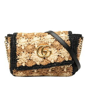Gucci GG Marmont Chain Shoulder Bag Beige Tan Black Raffia